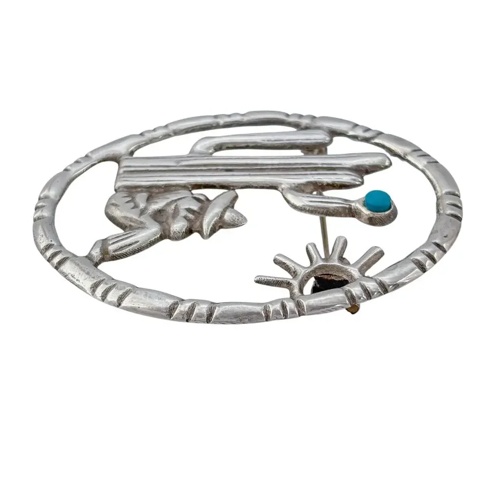 Vintage Sterling Silver 925 Turquoise Saguaro Cactus Brooch